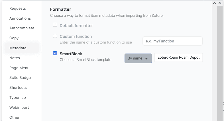 Choosing the SmartBlock template in ZoteroRoam metadata settings